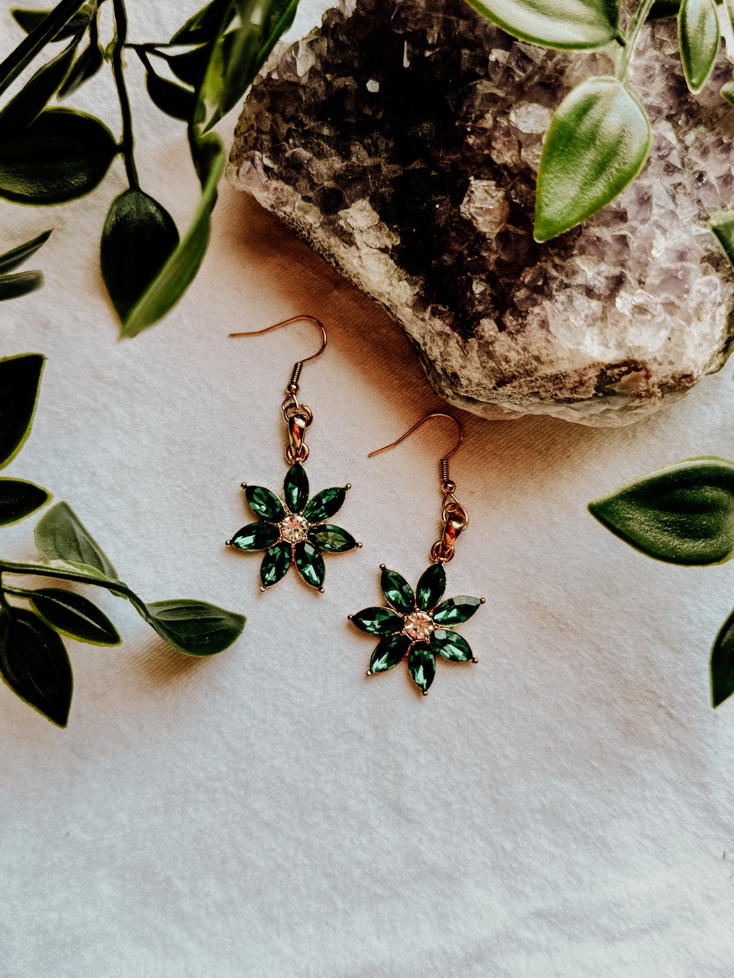 Green Flower Gem Earrings