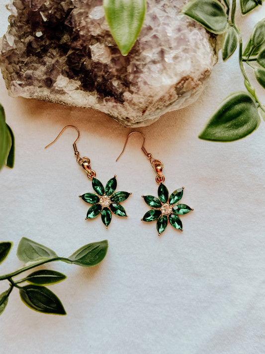 Green Flower Gem Earrings